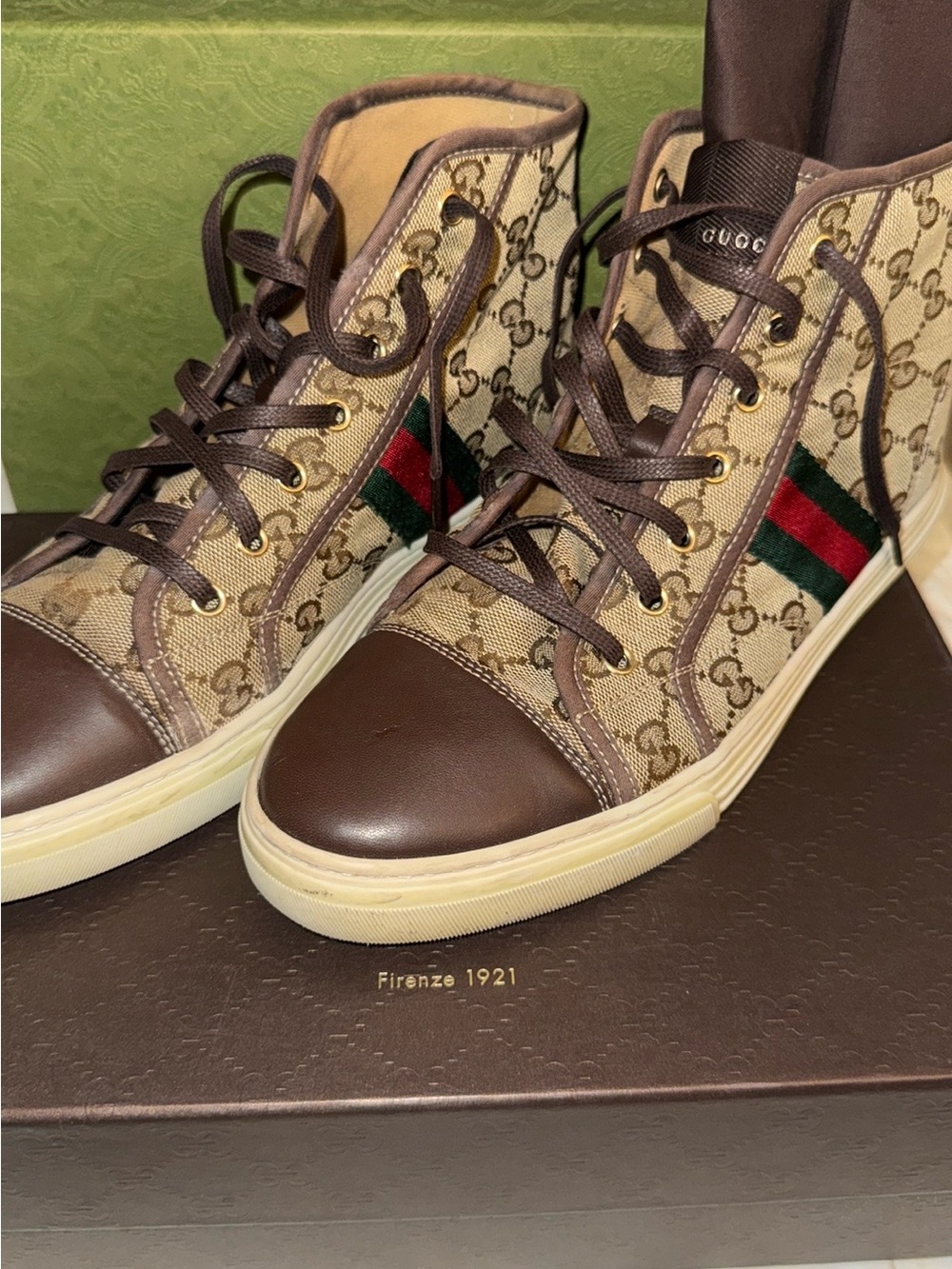 Gucci Brown GG Supreme High-Top Sneakers with Green & Red Web